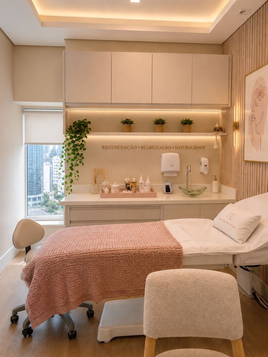Sala de atendimento da clínica em Vila Nova Conceição com maca, decoração acolhedora e plantas